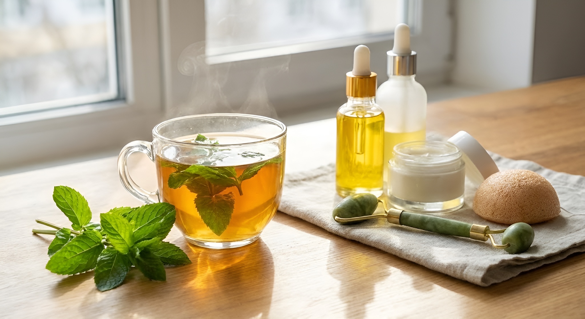 Fresh spearmint leaves and a clear cup of tea next to a skincare routine setup.