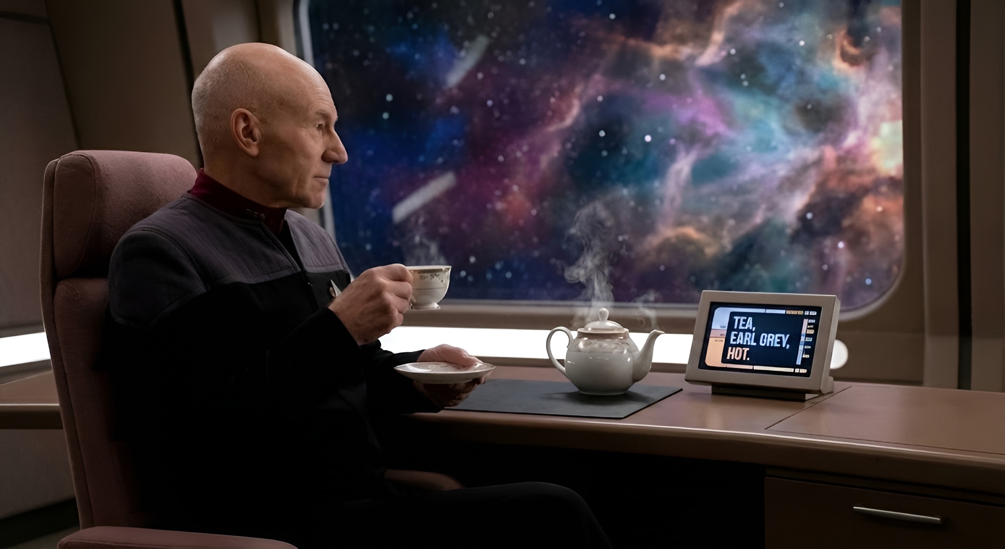 A digital illustration of a futuristic glass tea cup materializing in a replicator.