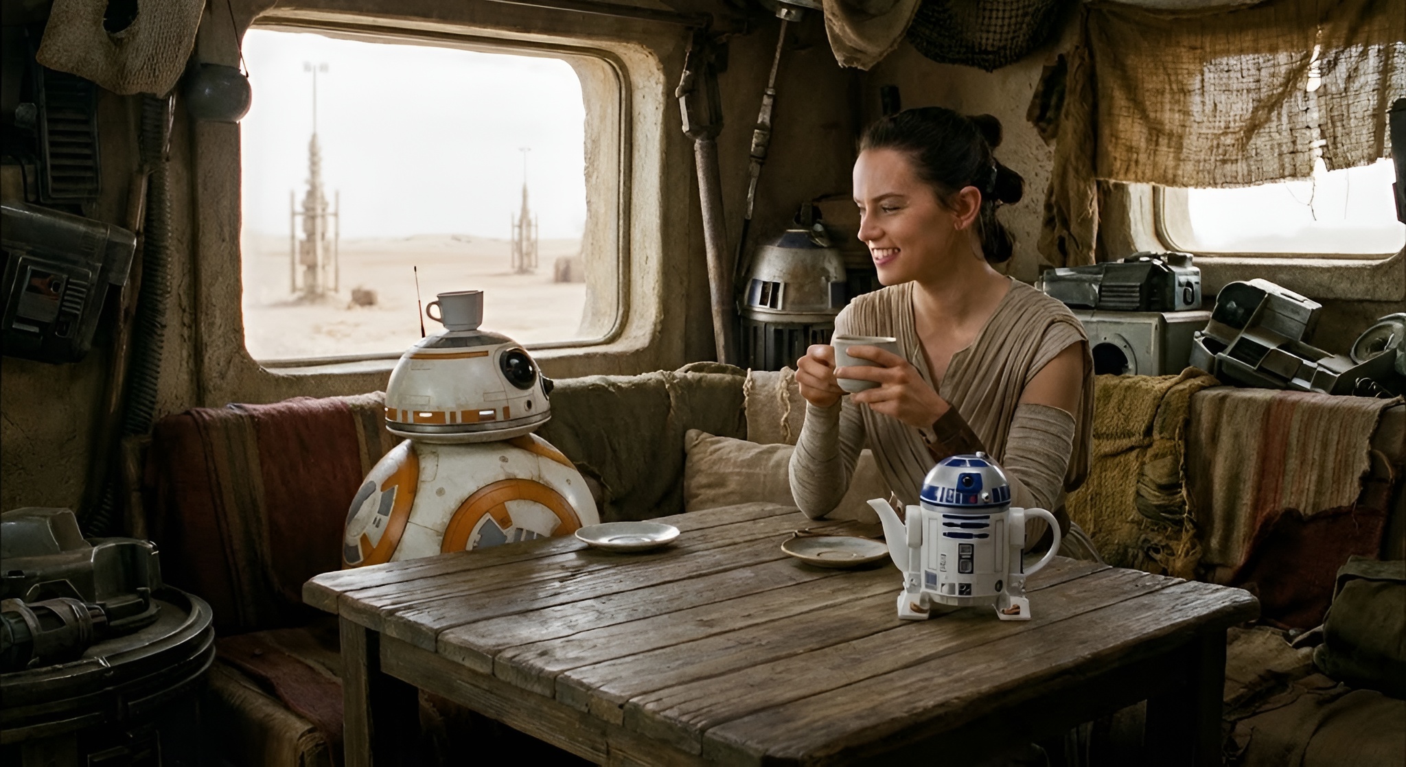 Baby Yoda holding a cup of bone broth soup in a floating pod.