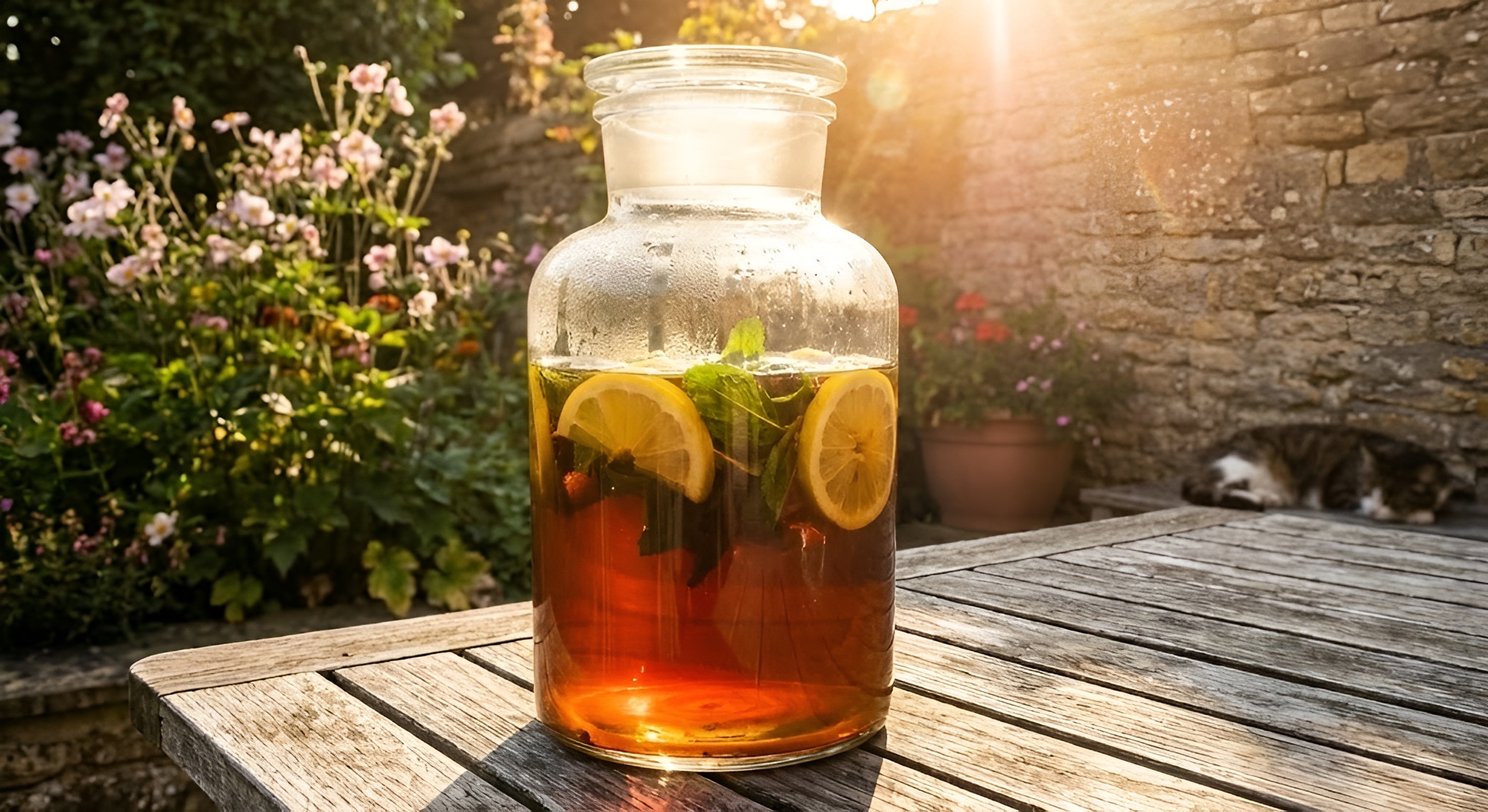 A large glass jar of tea brewing in direct sunlight on a garden table