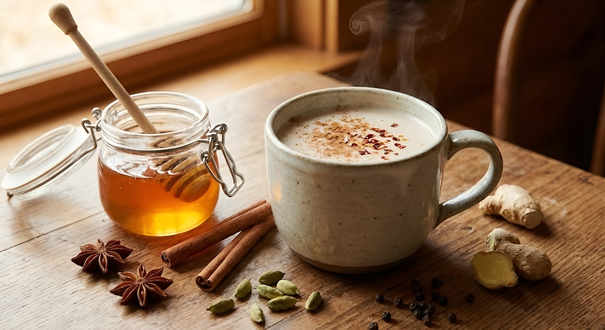 a swicy (sweet and spicy) cup of chai with a pot of honey next to it.