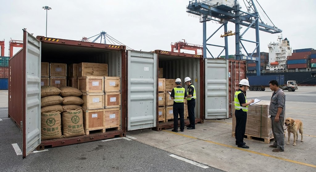 shipping containers with tea being relabeled from Vietnamese to Taiwanese