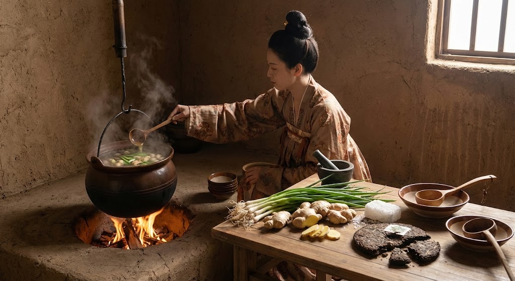 Tang dynasty soup tea with onion ginger and salt boiling in pot historical recipe