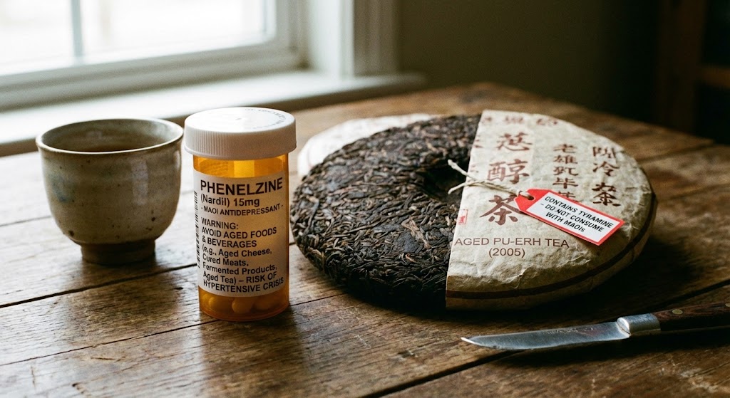 Antidepressant medication bottle next to various fermented teas with warning symbol.