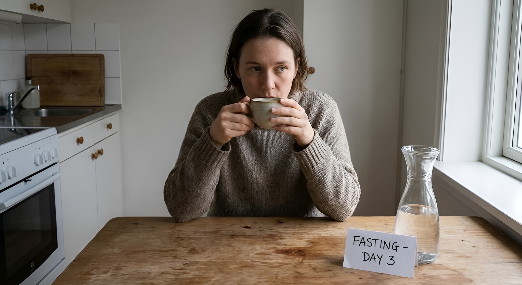 a person fasting while drinkign a cup of tea.