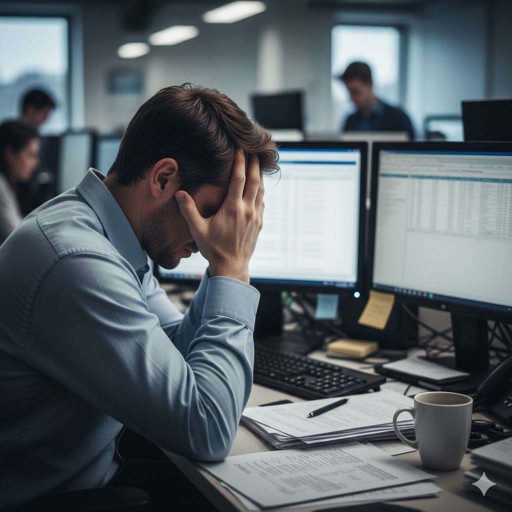 a man looking stressed and anxious at work with his head in his hands.