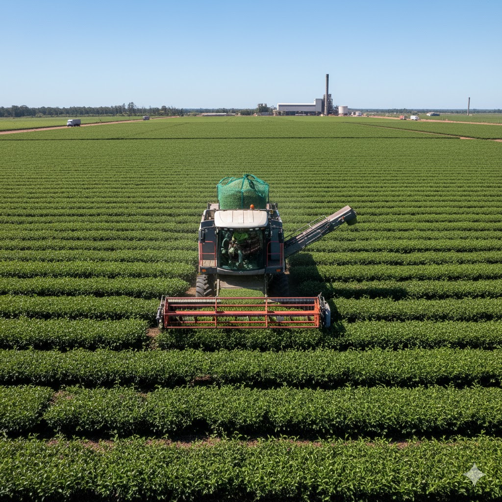 A flat tea estate with a combine-harvester harvesting freshly grown tea.