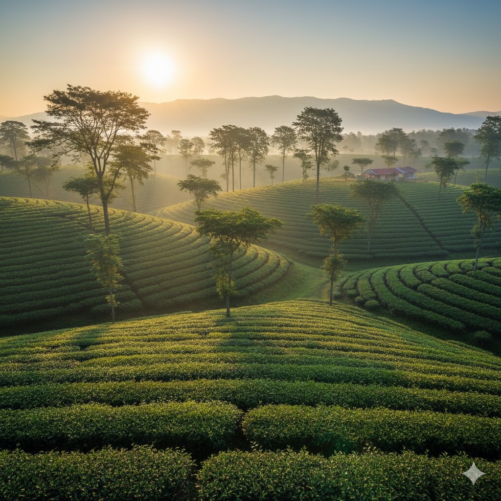 Beautiful image of an Assam tea estate with shades trees breaking the landscape.