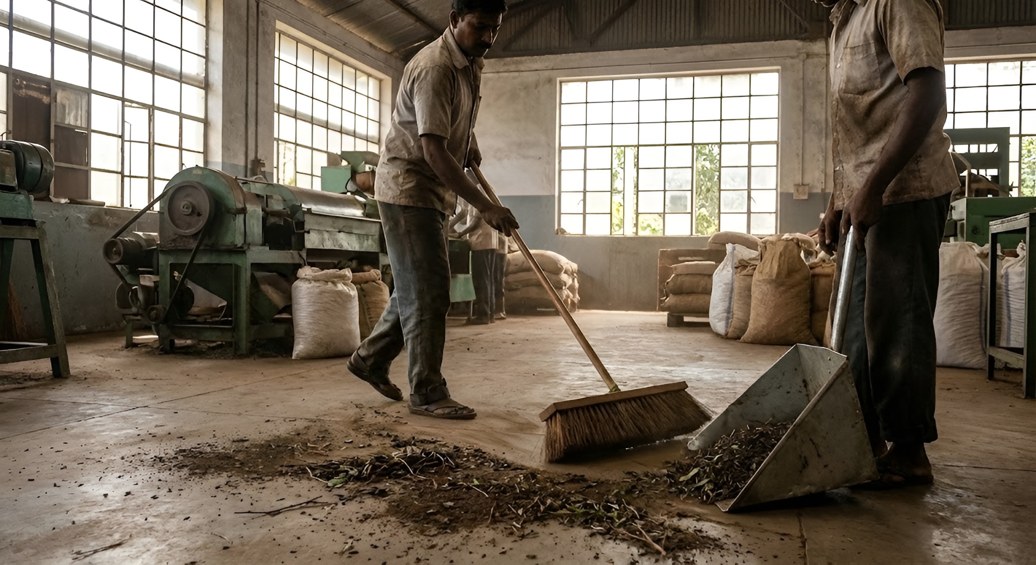 Two tea factory workers sweeping up tea off the floor of a tea factory ready to fill tea bags.
