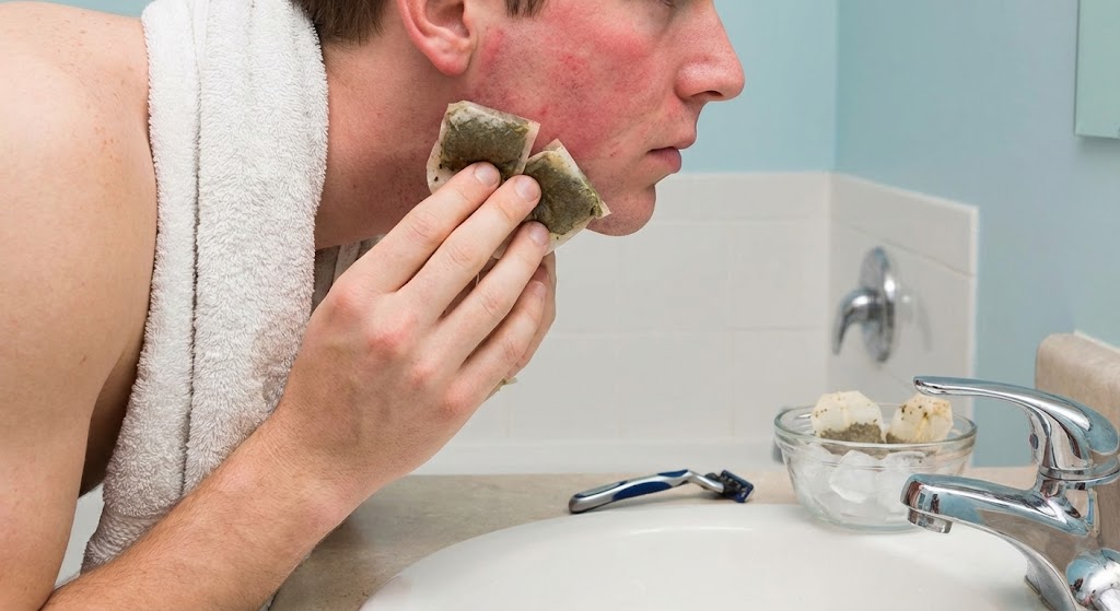 cold refrigerated tea bags being pressed against face to soothe razor burn