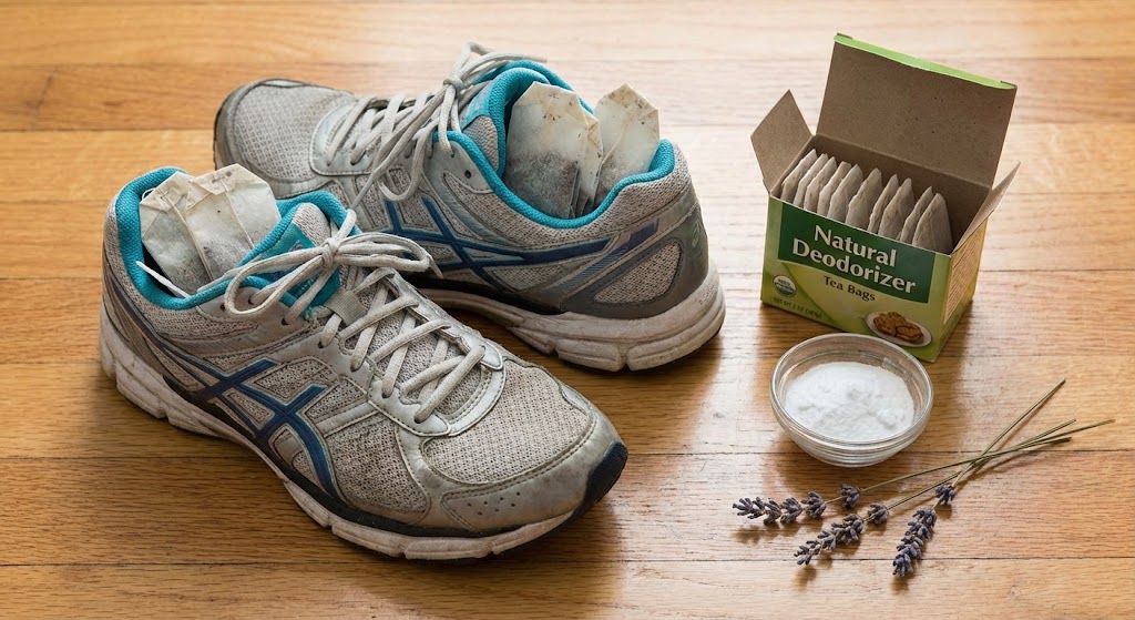 dry tea bags inside athletic shoes absorbing moisture and killing bacteria