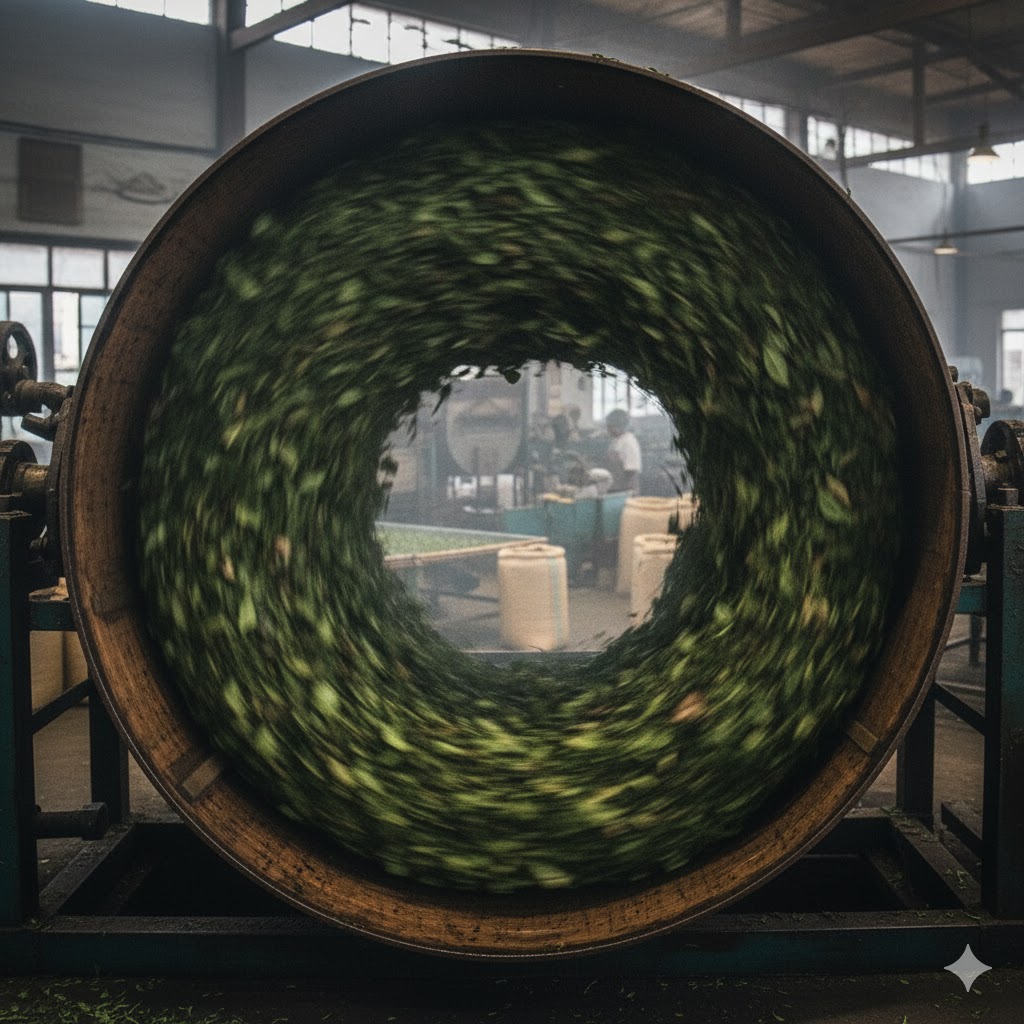 Plucked and withered tea leaves rolling in a drum being bruised.