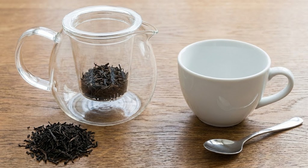 A professional tea buyer inspecting leaf quality with a magnifying glass