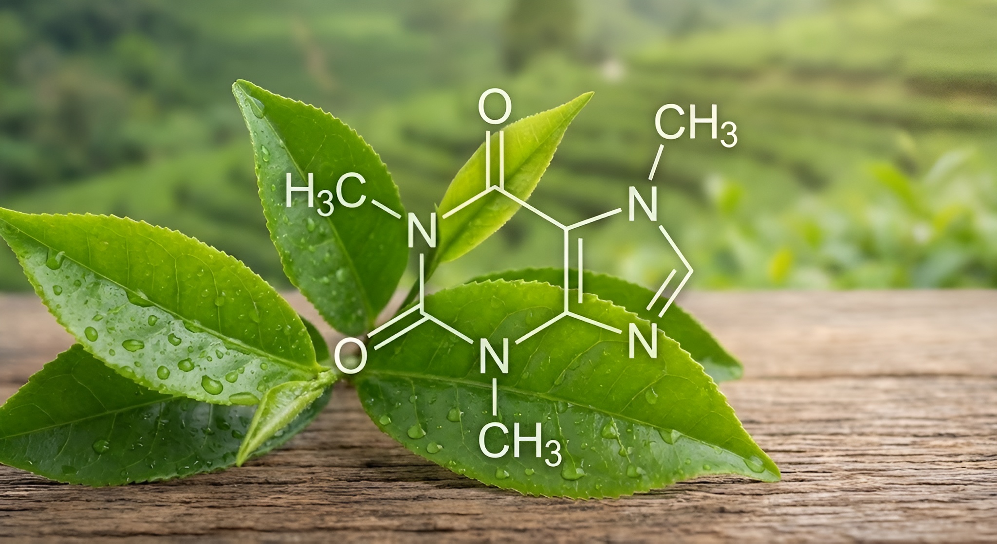 Chemical structure of Caffeine molecule overlaid on fresh tea leaves.