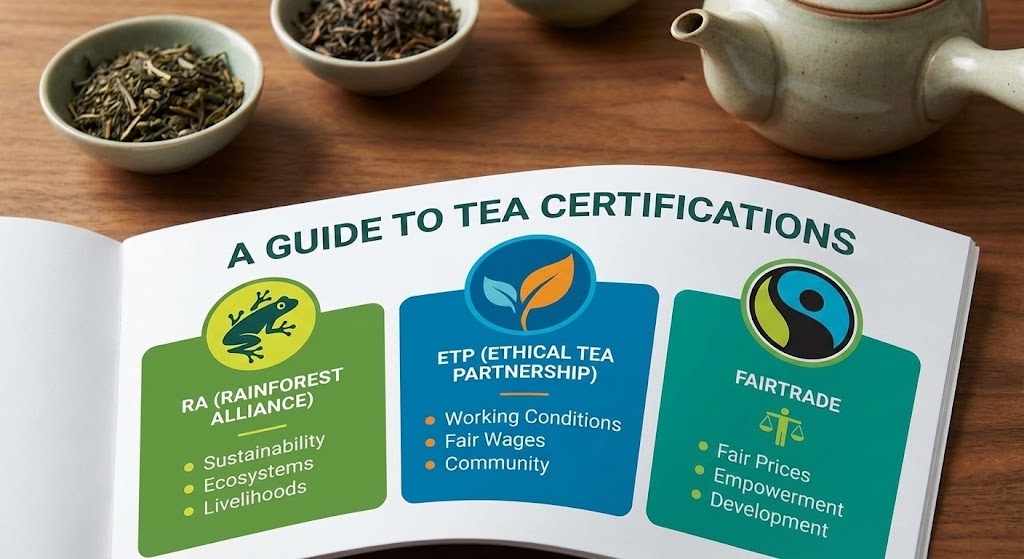 A variety of tea boxes showing Fair Trade, Organic, and Rainforest Alliance logos.