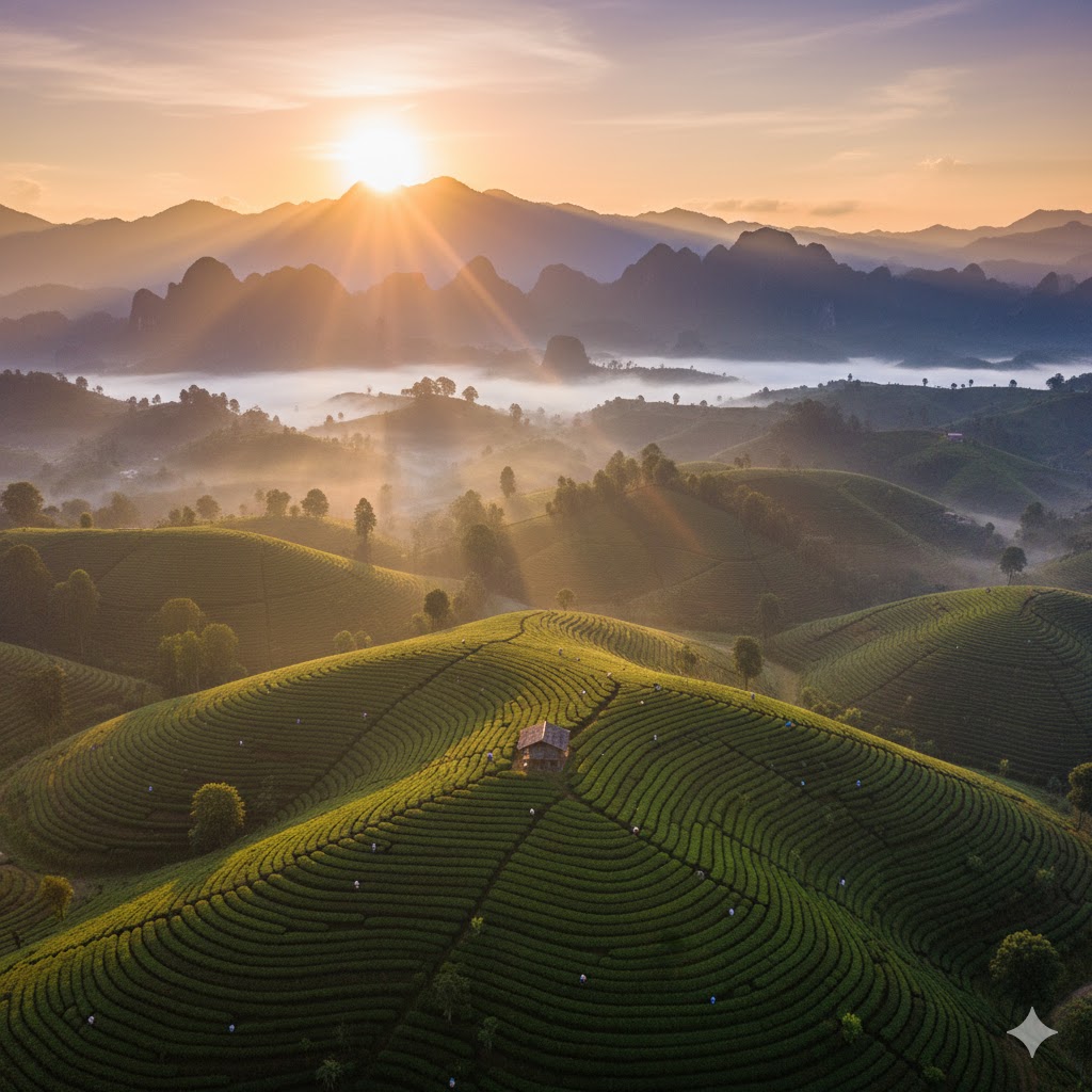 Zoomed out image of central highlands with sun rising behind mountains.