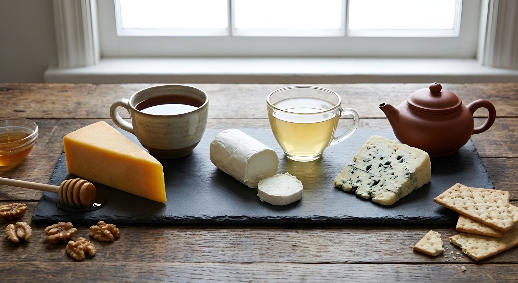 A wooden board with various cheeses (Brie, Cheddar, Blue) arranged next to a glass teapot and cups.