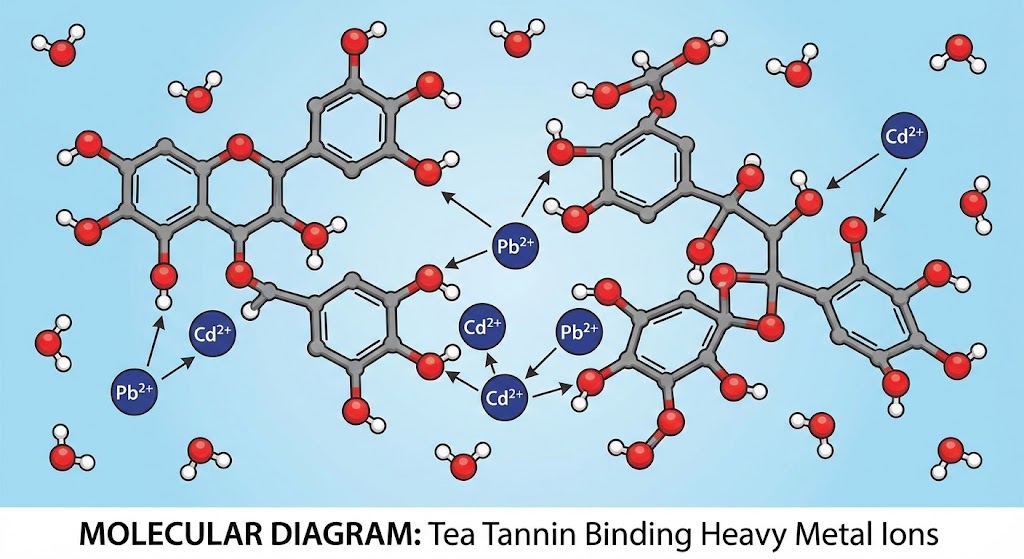 Chemical structure of tea tannins binding to metal ions.