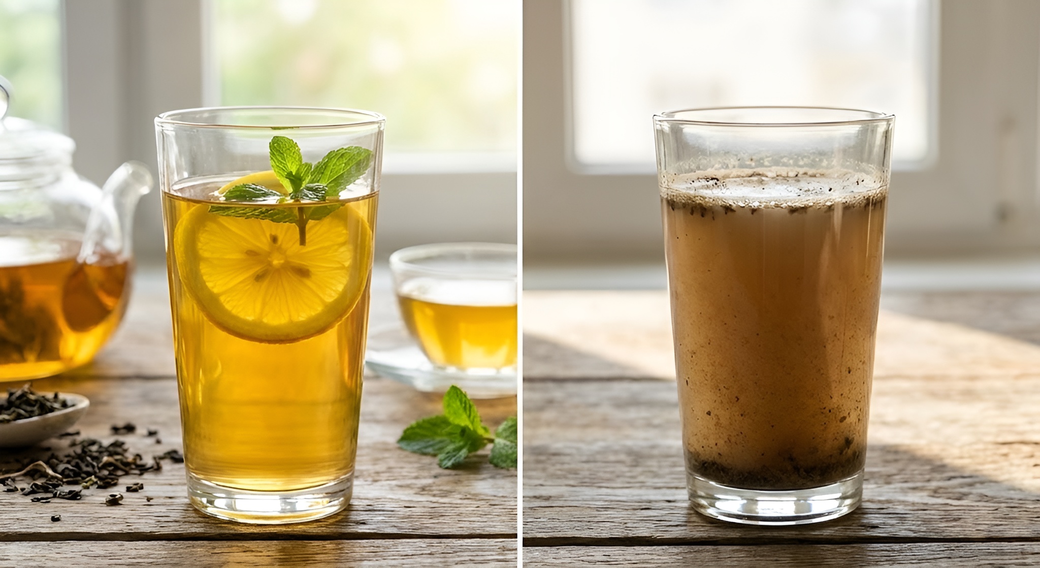 Two glasses of tea, one crystal clear and one muddy and cloudy.