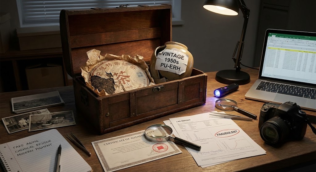 detective examining tea evidence under UV light with forensic tools