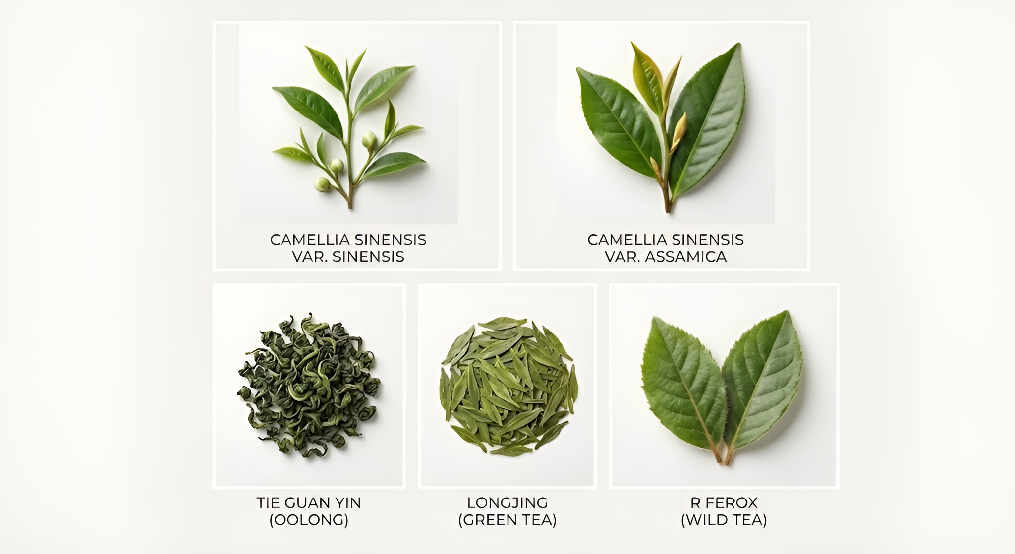 A collage of different tea cultivars, showing leaf shape and bud size differences.