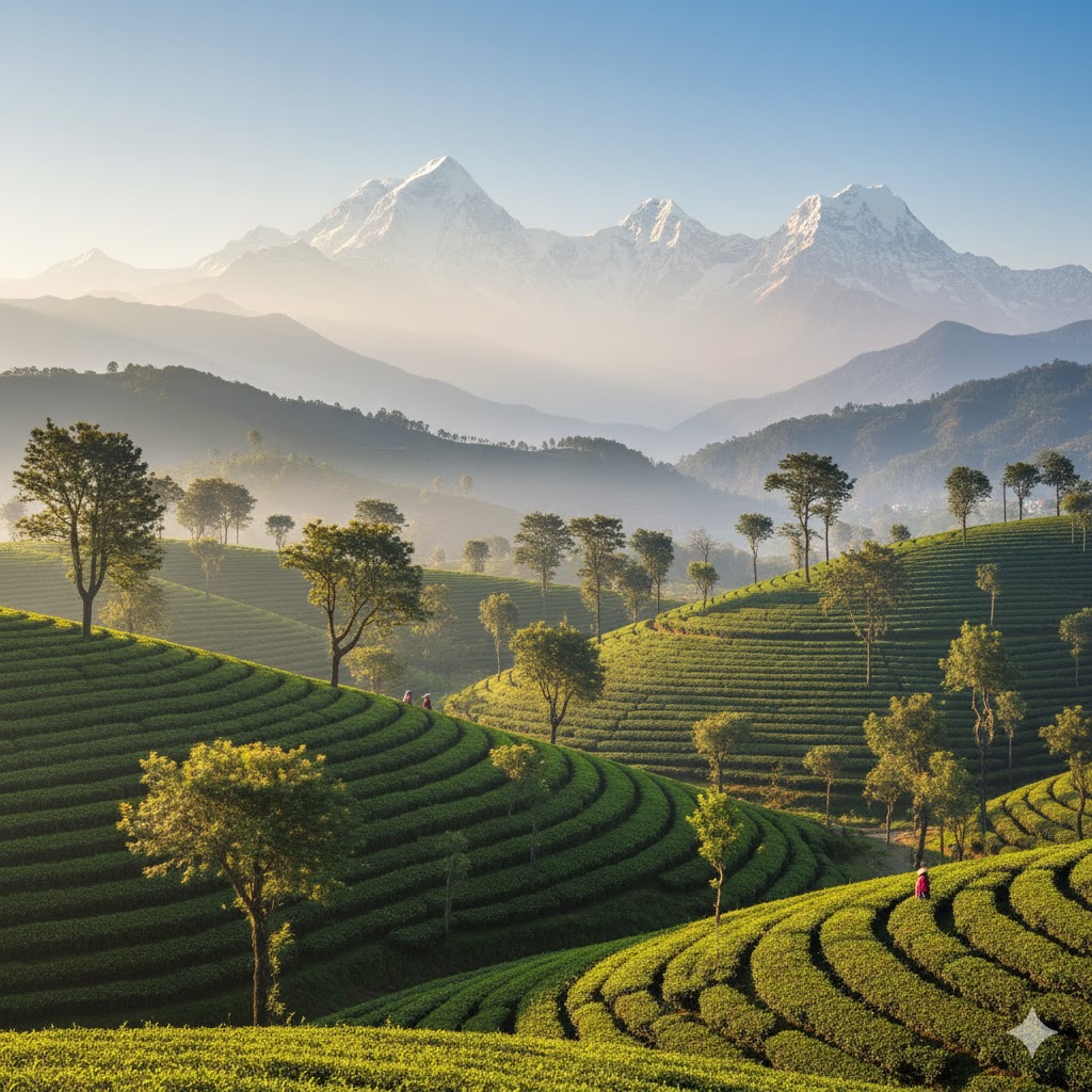 Picteresque Darjeeling tea estate with Himalayas in the background.