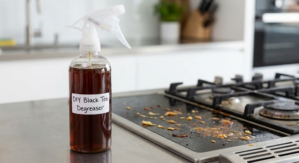 spray bottle with black tea degreaser cleaning stovetop grease