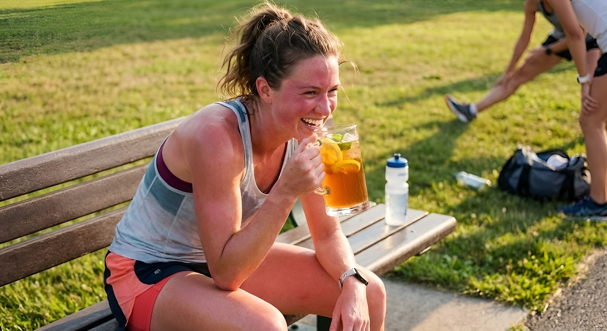 A hydrated person drinking iced tea after a workout.