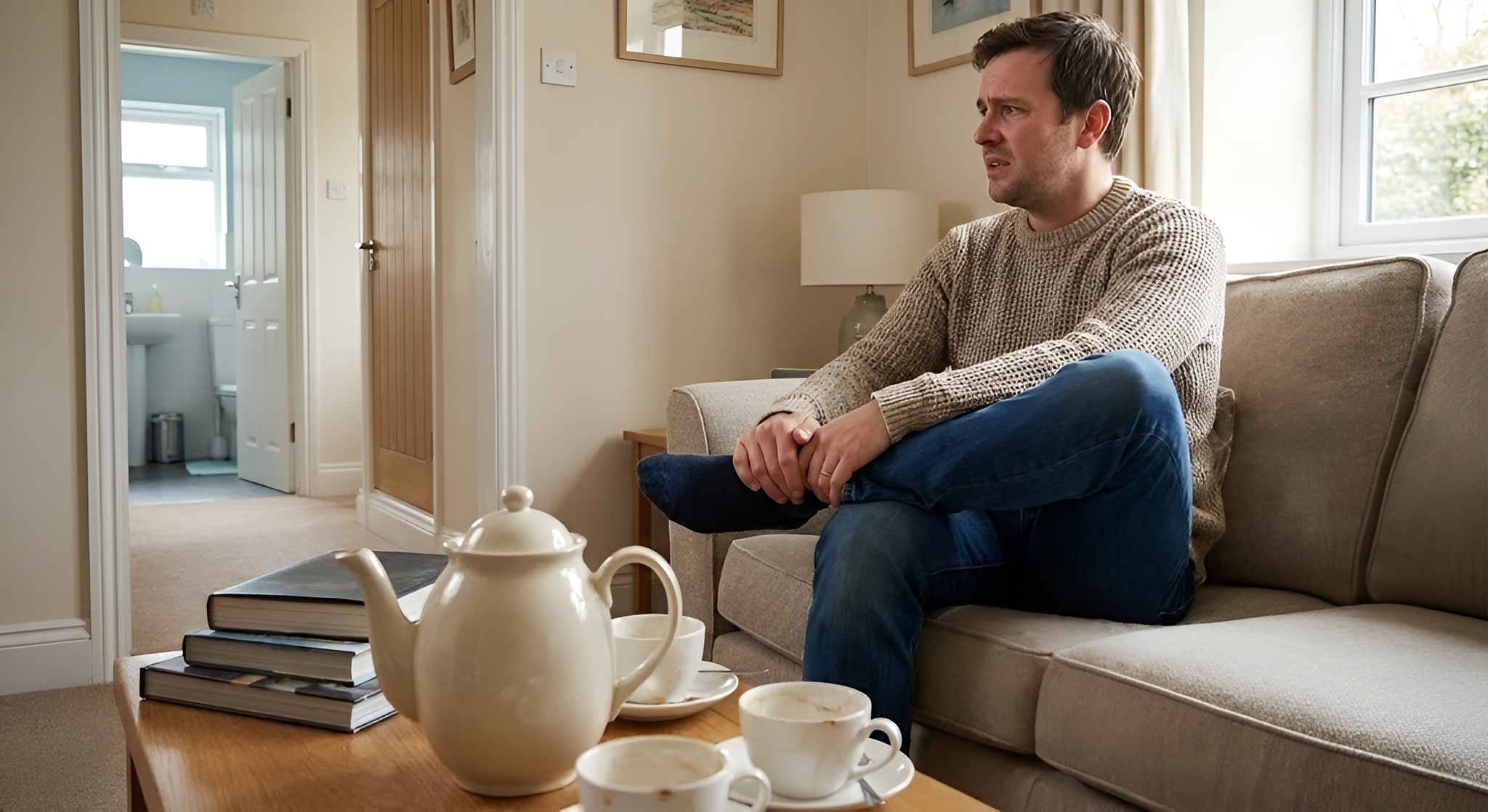 A person looking uncomfortable holding a cup of tea near a bathroom sign.