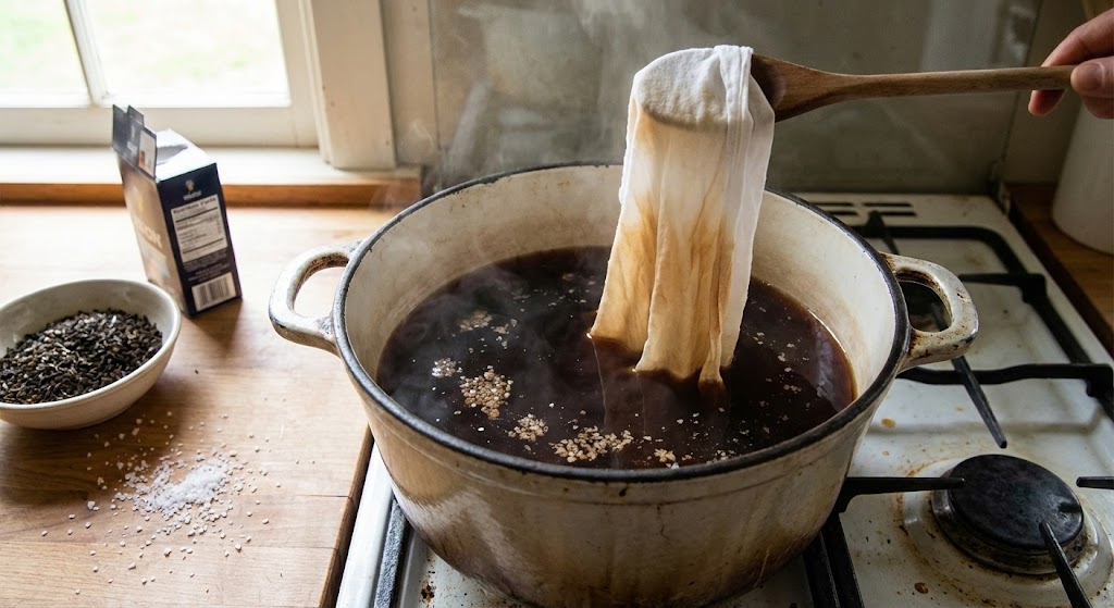 white cotton fabric being dyed beige in pot of dark tea with salt