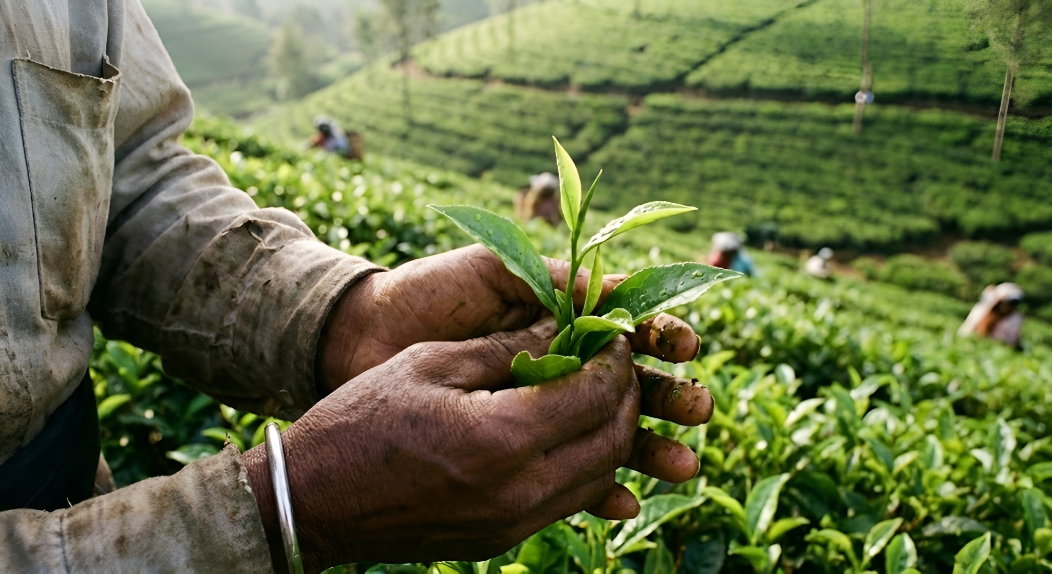 A tea picker's hands holding fresh green leaves against a backdrop of a tea estate.