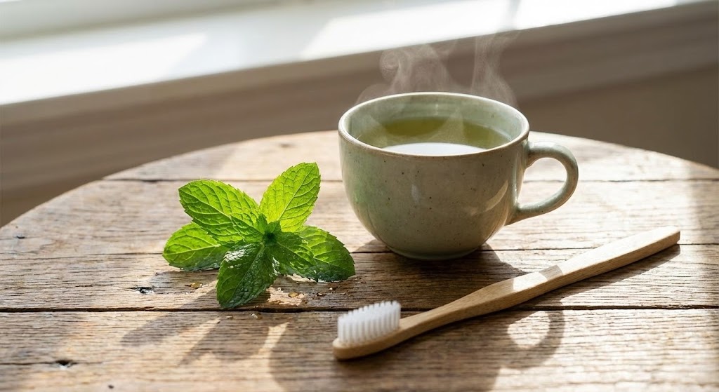 A fresh cup of green tea next to mint leaves and a toothbrush.