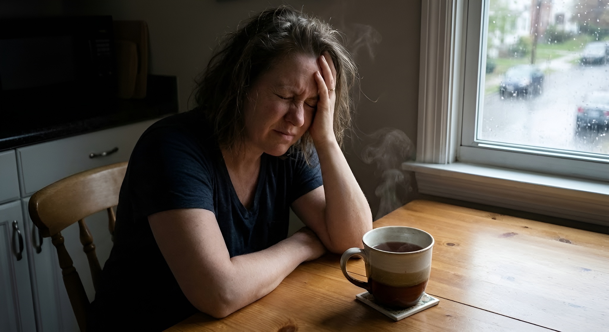 some looking very stress and anxious drinking coffee next to some who appears to be very calm with a cup of tea.