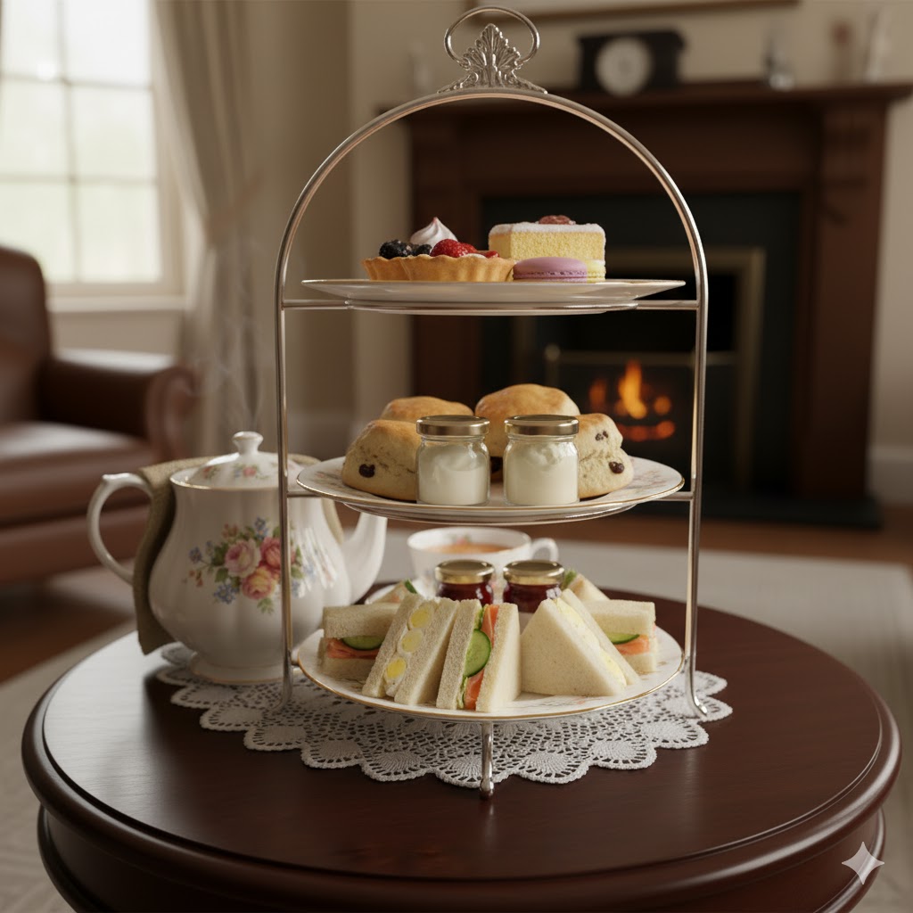 An elegant three-tiered stand for afternoon tea, with scones and sandwiches.