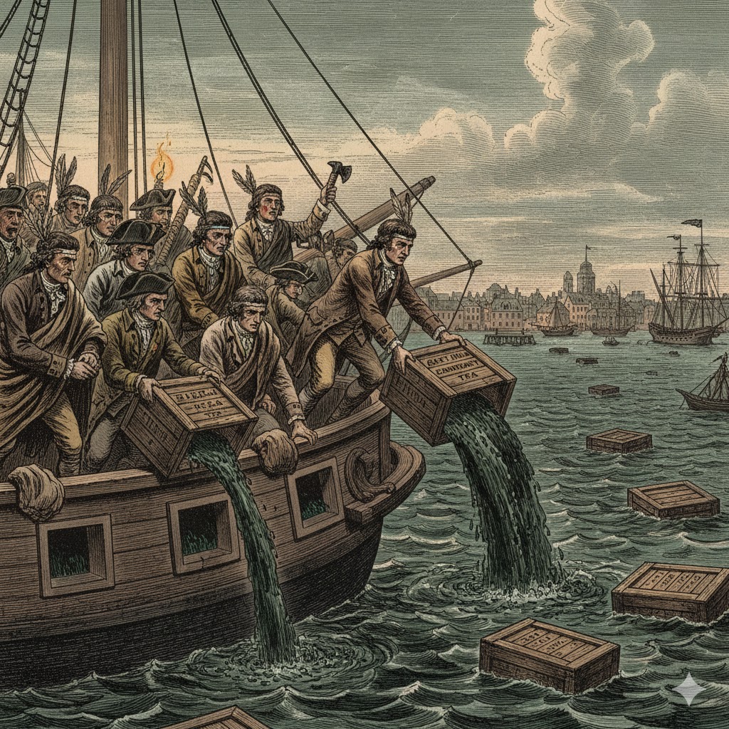 An illustration of the Boston Tea Party, with colonists dumping tea into the harbor.