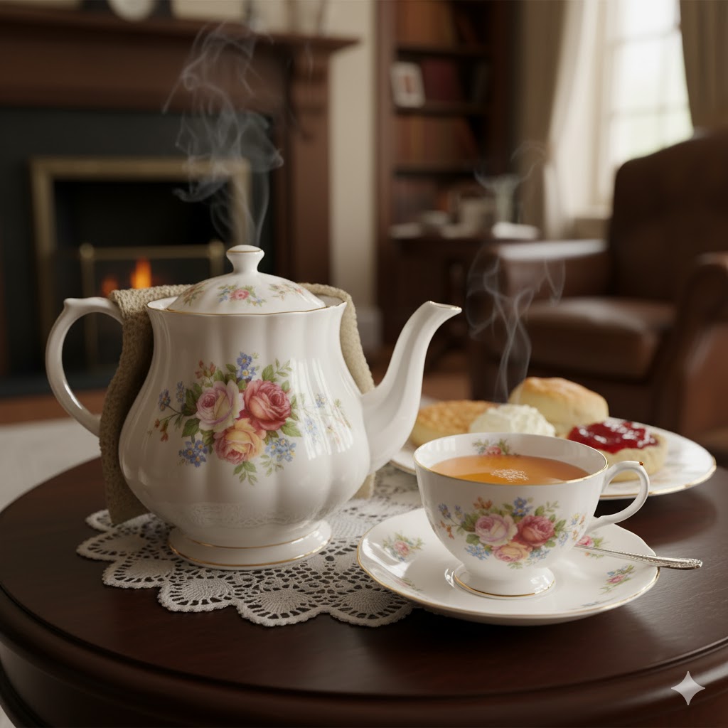 A classic British teapot and cup, representing the rise of tea in the UK.