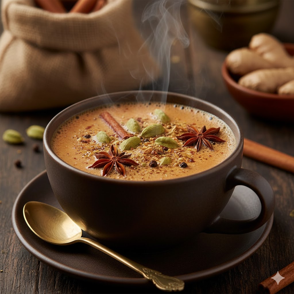 A steaming cup of masala chai, rich with spices like cardamom and star anise.