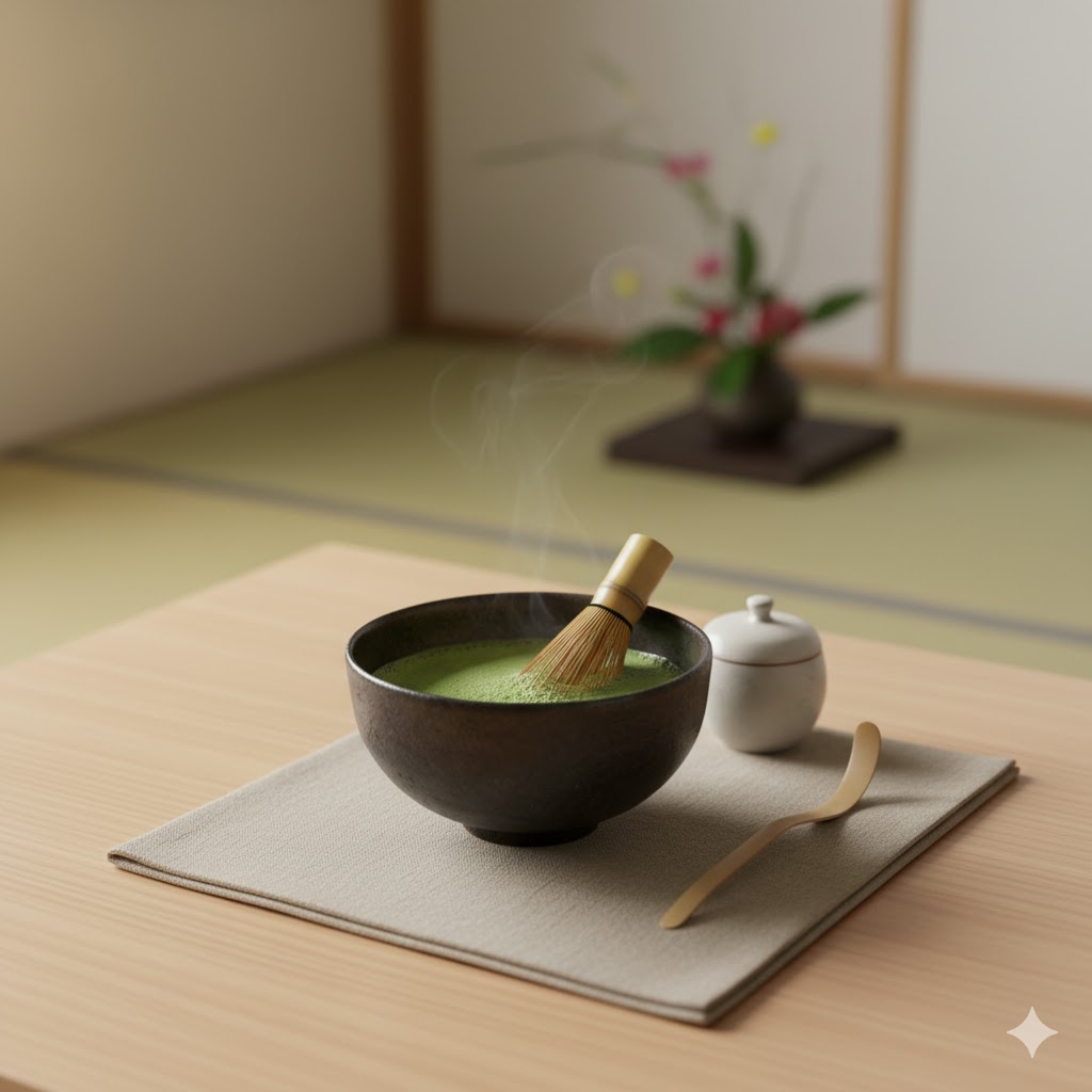 A serene Japanese tea ceremony setup with a matcha bowl and whisk.