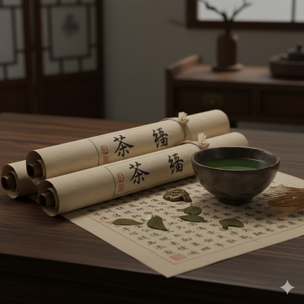 Ancient Chinese scrolls and a tea bowl, representing Lu Yu's Cha Jing.