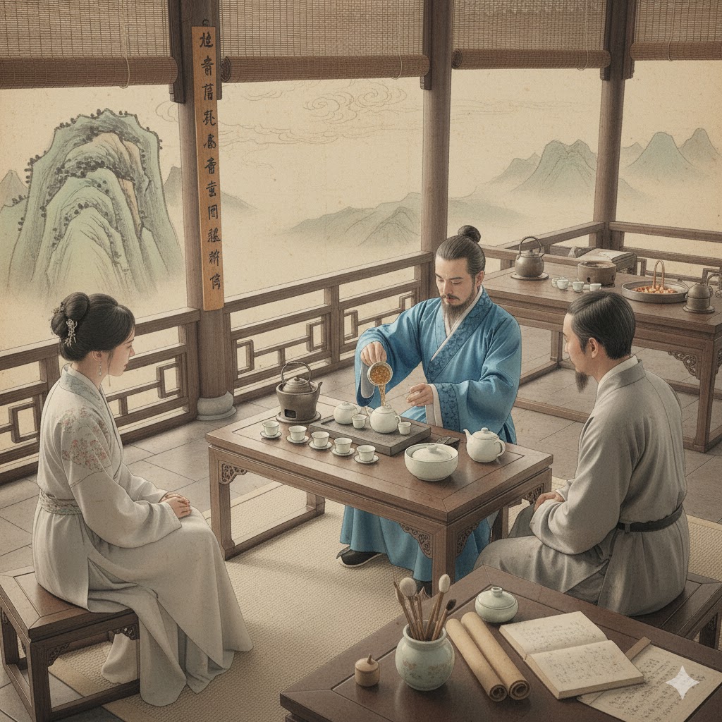 A pile of modern loose-leaf tea next to a powdered tea whisk, showing the historical shift.