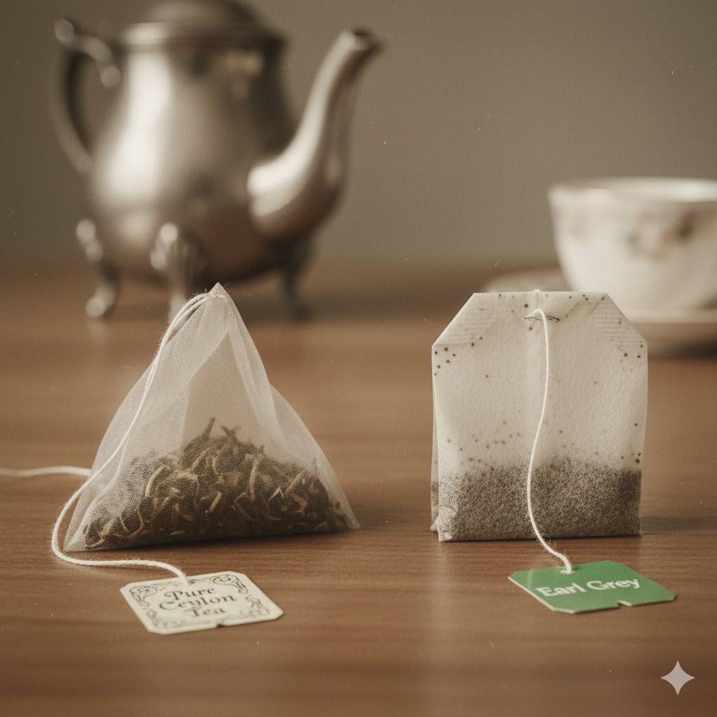 A vintage-style photo of an early silk tea bag next to a modern one.