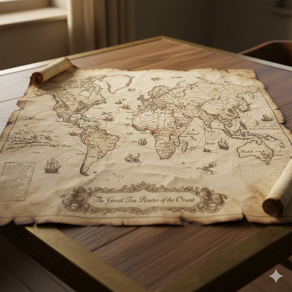 An antique world map showing old tea trade routes.
