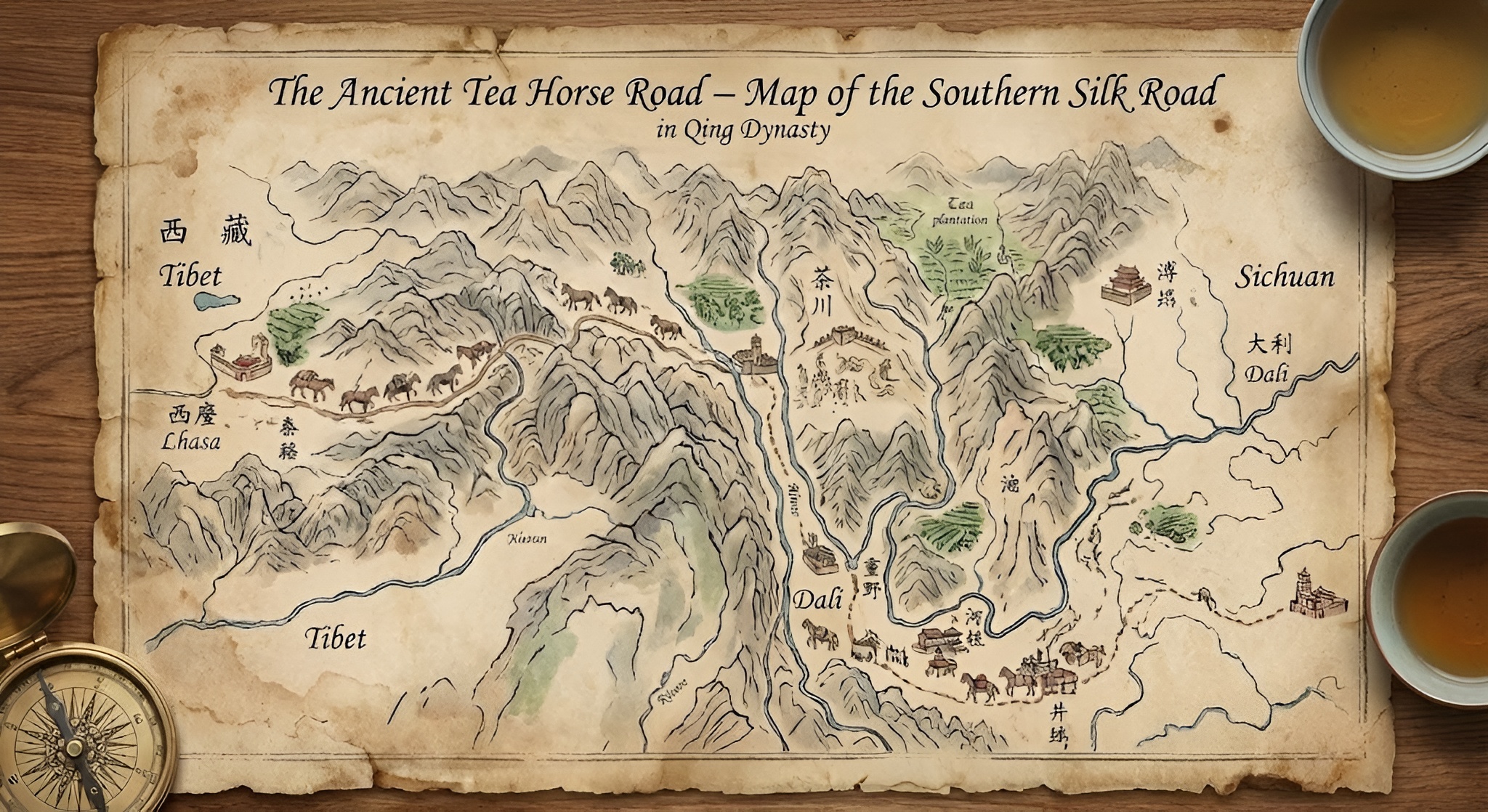 A historic map of the Tea Horse Road winding through mountains.