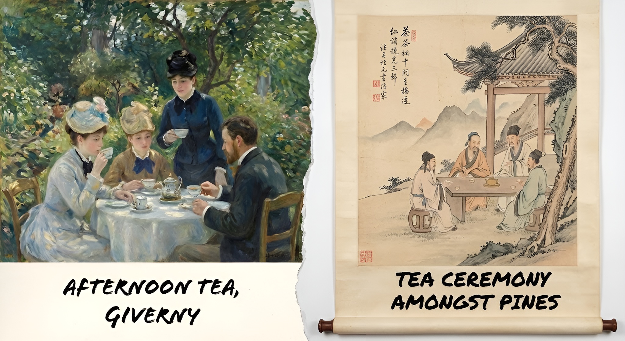 A split image showing Mary Cassatt's The Cup of Tea alongside a traditional Chinese tea scroll painting.