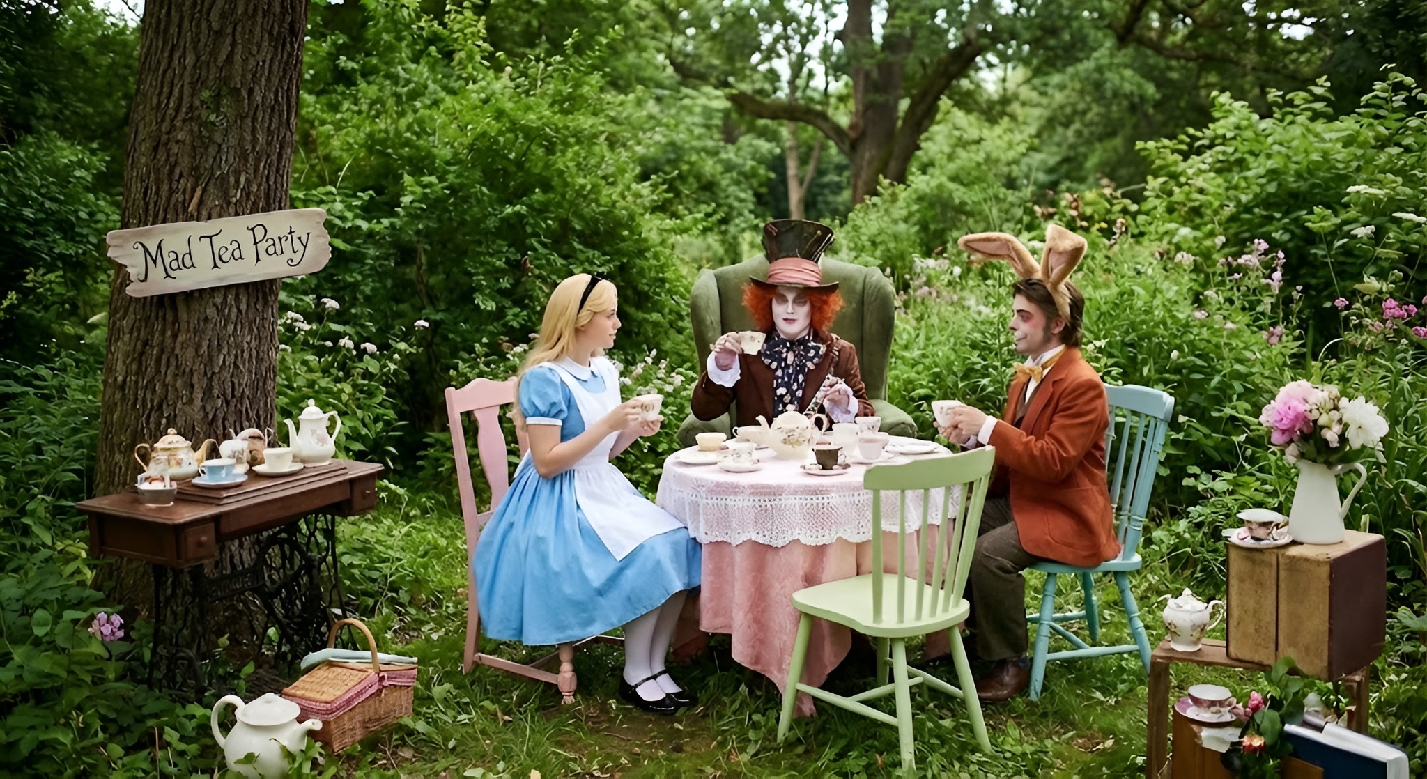 A classic illustration of the Mad Hatter, March Hare, and Alice having tea.