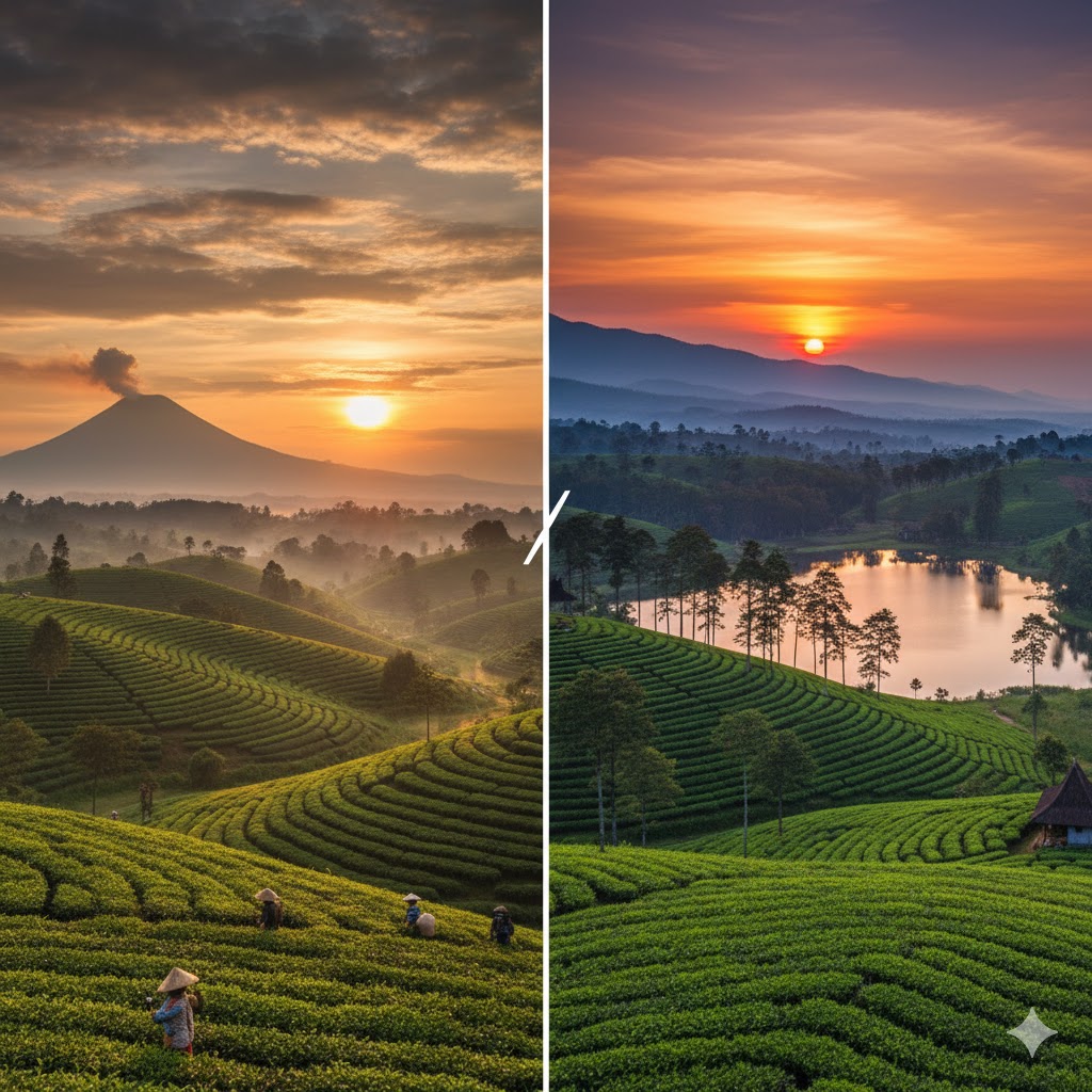 A split image of Sumatra and Java tea estates each with a beautiful setting sun.