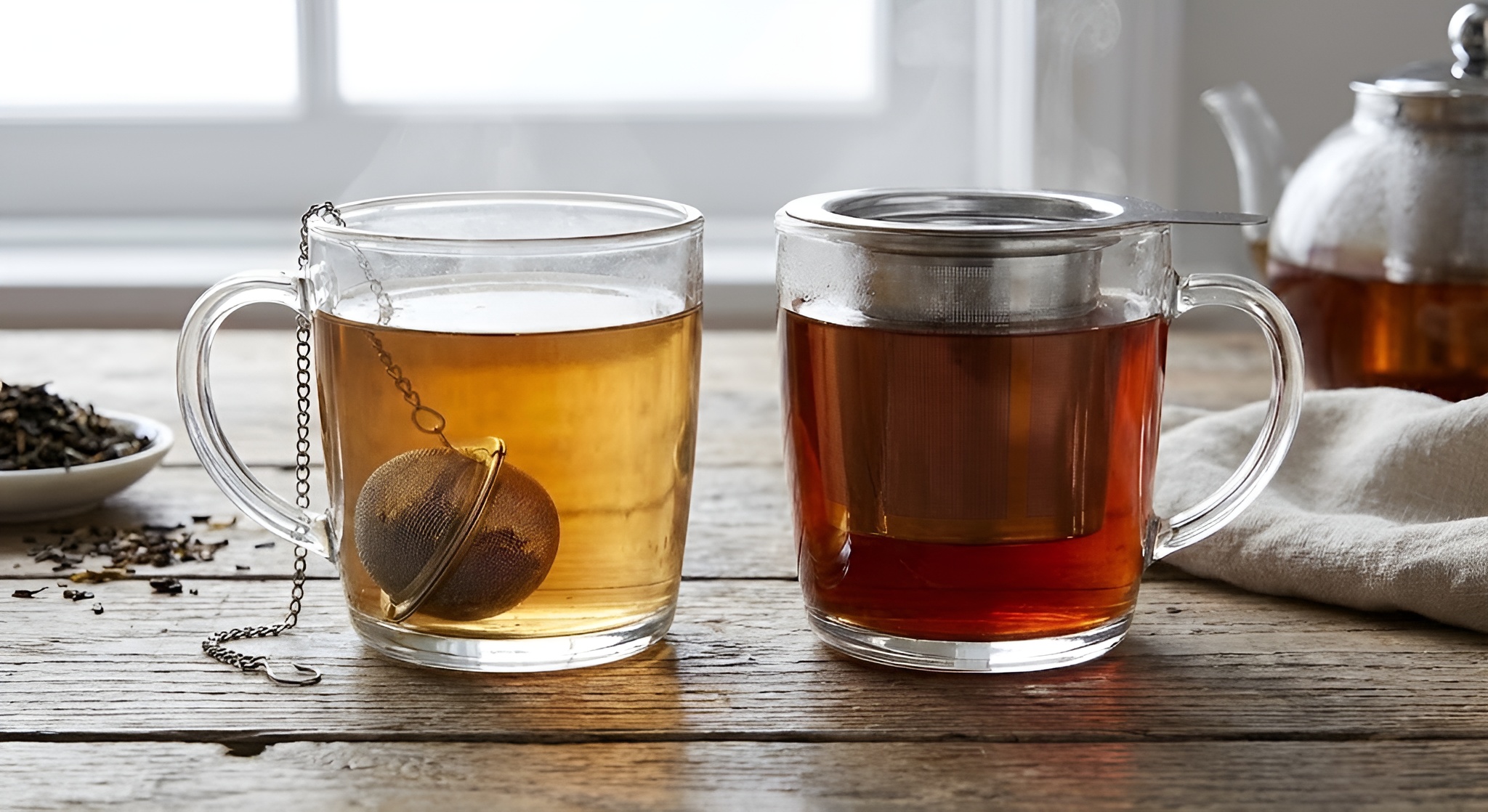 A tightly packed tea ball next to an open, spacious brewing basket showing leaf expansion.