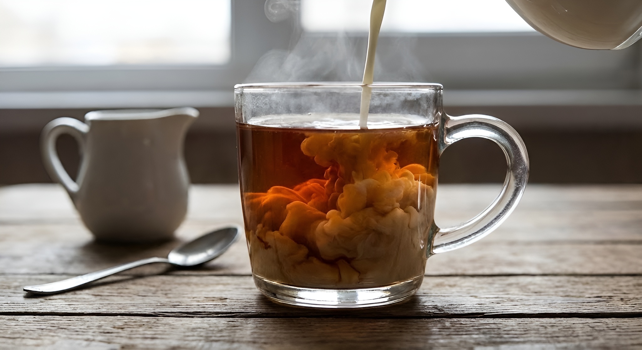 An image of milk swirling into a tea mixing together