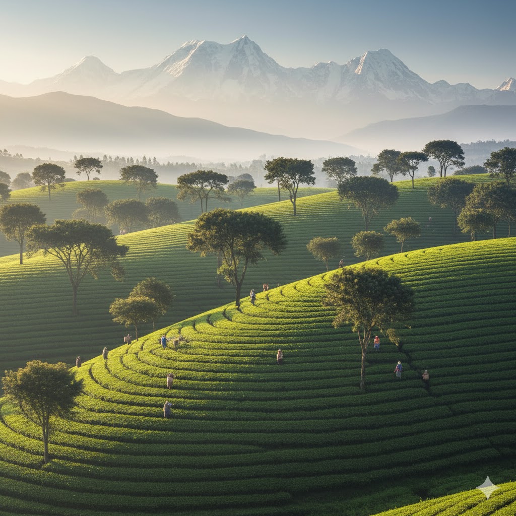 Picteresque Kenya tea estate with Himalayas in the background.
