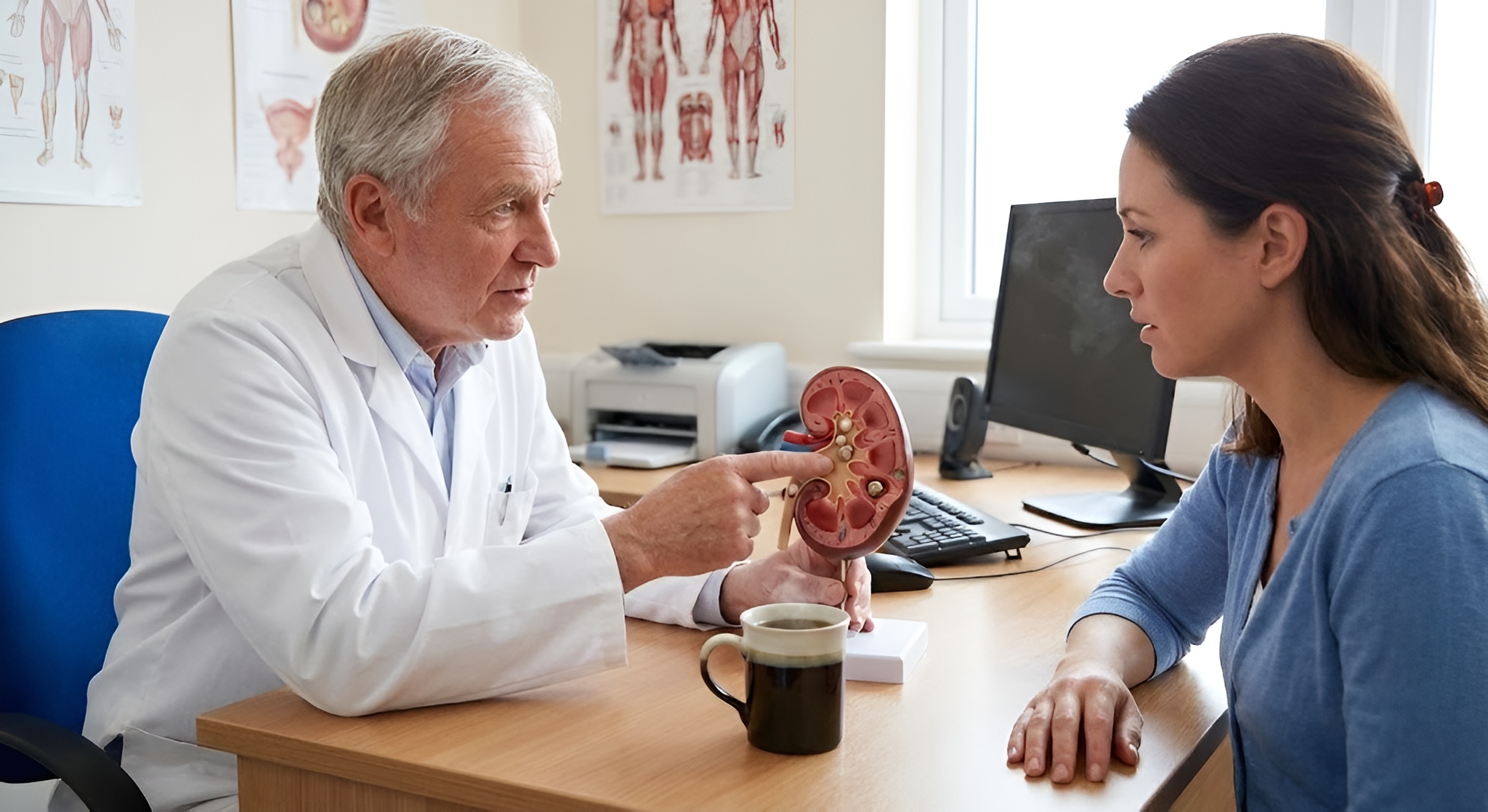 A doctor explaining a kidney stone model next to a cup of dark black tea.